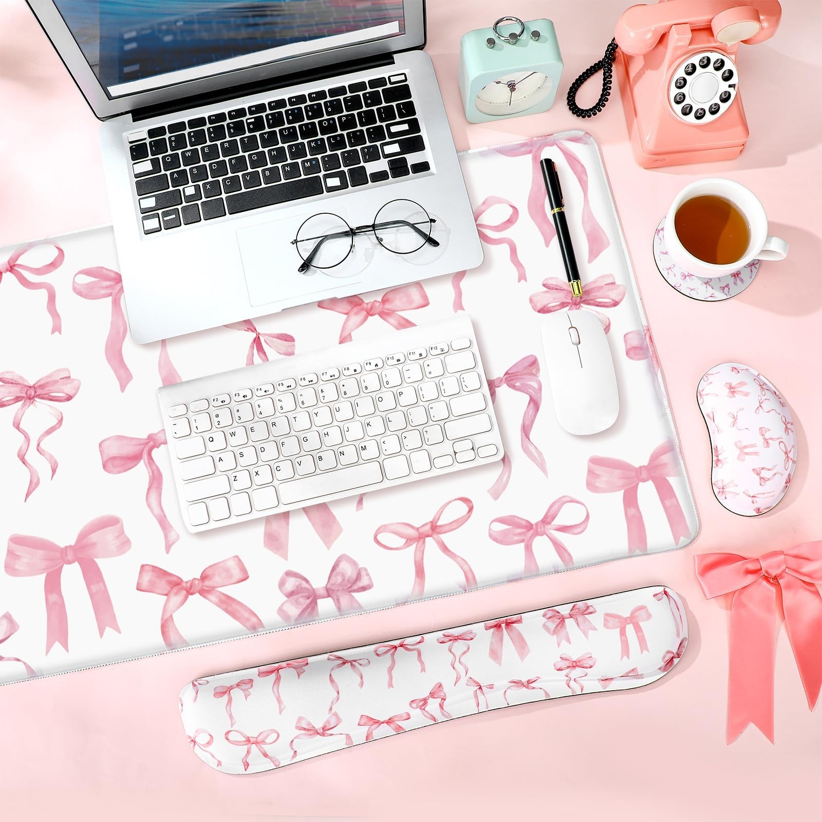 4 Pcs Pink Bow Keyboard Mat and Mouse Pad Set Coquette Desk Mat Bowknot Mouse...