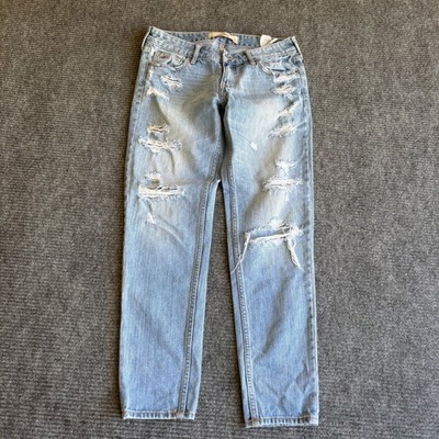 Hollister Distressed Boyfriend Jeans Light Wash Blue Ripped Denim Womens Size 3