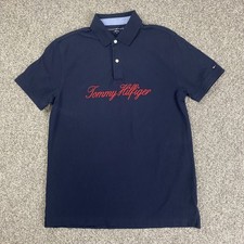 Tommy Hilfiger Polo Shirt Mens Medium Navy Blue Red SpellOut Short Sleeve Cotton