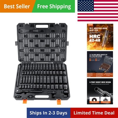 1/2'' Drive Impact Socket Set, 65 Piece SAE 3/8'' to 1-1/4'' and Metric 10-24mm,...