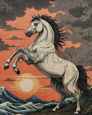Japanese Ukiyo-e Style White Horse Ocean Waves Sunset Digital Art Print