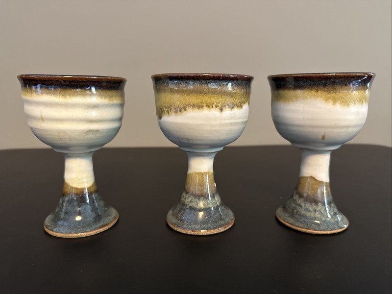 Studio Art Pottery 3 Goblets Glazed Stoneware Handmade Cups Brown Blue White RF