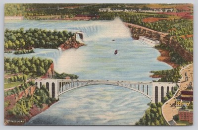 Vintage Linen Postcard New Rainbow Bridge Niagara Falls NY 1930s-40s