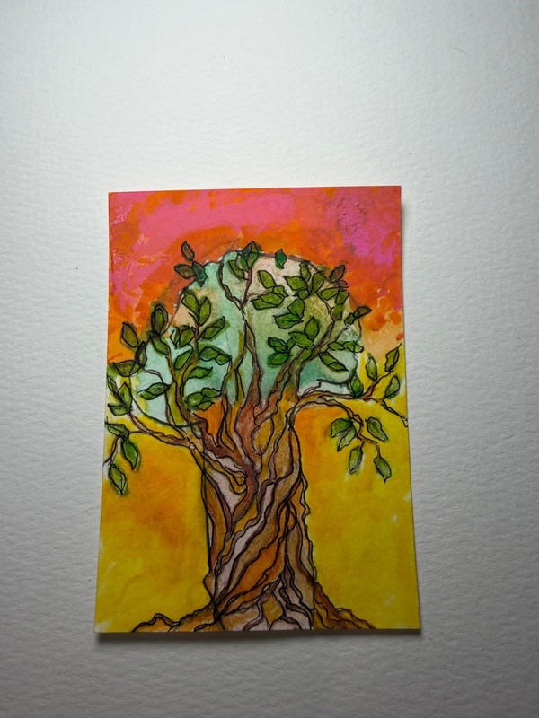ACEO Original, tree, sunset, whimsical, watercolor & ink, painting, Patty Ewing