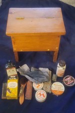 Vintage Wood Shoe Shine Box Stand With Contents