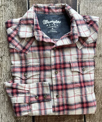 WRANGLER RETRO PREMIUM PLAID WESTER PEARL SNAP SHIRT RED MULTI MENS MEDIUM EUC