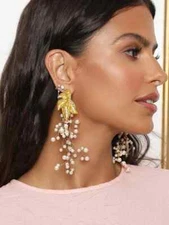 Luxury Fashion White Gold Leaf Large Flower Drop Earrings Dangle Faux Pearl New