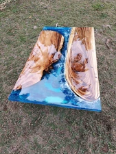 Epoxy Table Top Blue Ocean Waves Resin Rectangular Acacia Wood Furniture