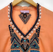 British India Tribal Boho Cotton Top Womens L25 W21 Orange Teal Bead Embellished