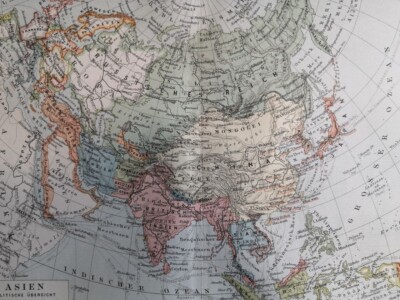 1900 ASIA CONTINENT Vintage Map China India ORIGINAL 11.5 x