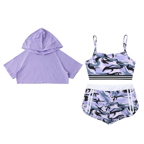 Kids Girls Outfits Fitness Set Bottoms Tracksuits Square Neck Shorts Running - Picture 19 of 32