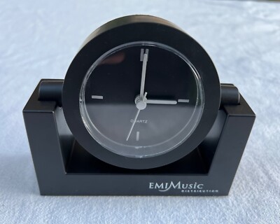 BLACK EMI MUSIC DESK CLOCK SWIVEL w/ EMI MUSIC DISTRIBUTION LOGO - Tested, Works