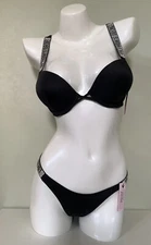 Victoria's Secret Shine Strap Add-2 Cups Push Up Bikini Swim Set Black