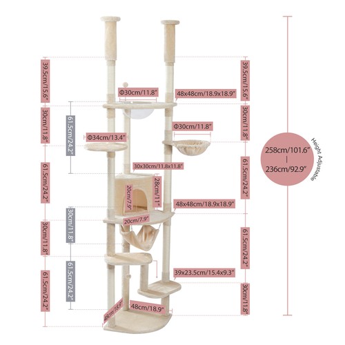 PAWZ Road Cat Tree Scratching Post Cat Tower Floor to Ceiling Scratcher Bed Toys - Picture 7 of 38