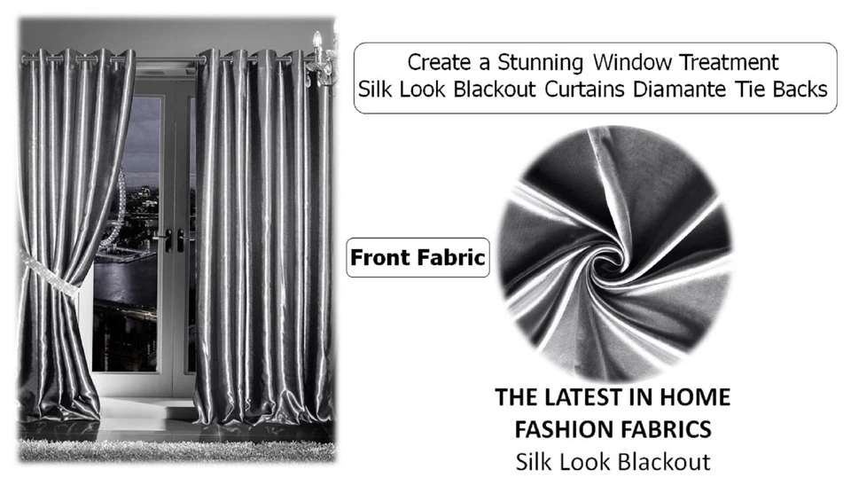 Eyelet Curtain Thermal Blackout Satin Ready Made Pair Diamante Tiebacks - Image 4 of 4