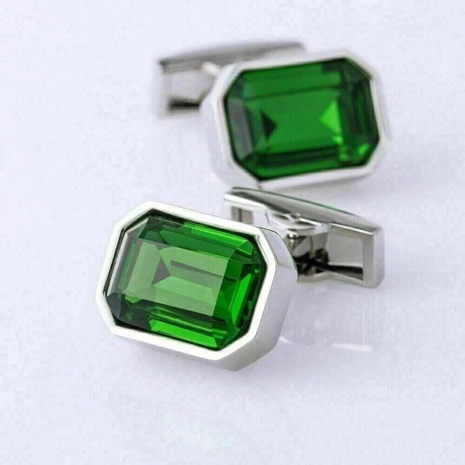4CT Emerald Cut Lab-Created Green Emerald Men's Cufflinks 14K White Gold Plated - image 3 of 4