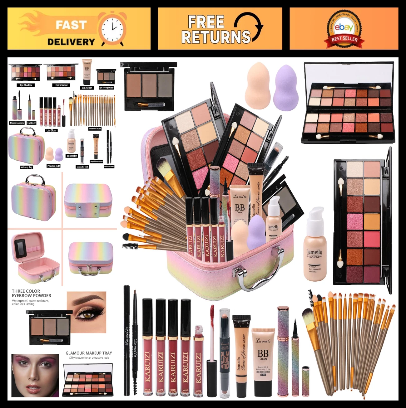 All-in-One Makeup Set for Girls & Women, Rainbow Cosmetic Case & Storage, Gift S