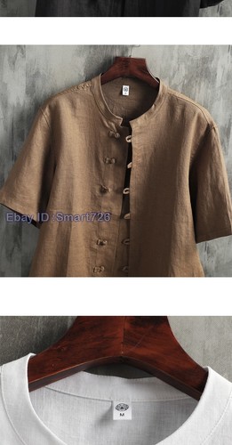 Mens Stand Collar Short Sleeve 100% Linen Button Shirts Tops Retro Chinese Style - Picture 18 of 30
