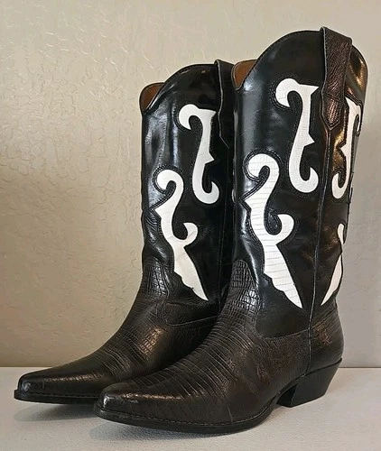 Vintage Nine West Black White Leather Western Cowboy Boots Womens Size 7