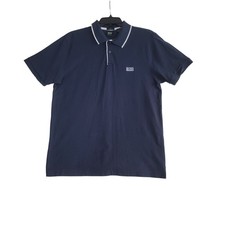 Hugo Boss Polo Shirt Mens Large Navy Blue Slim Fit Tipped Collar Pique Cotton
