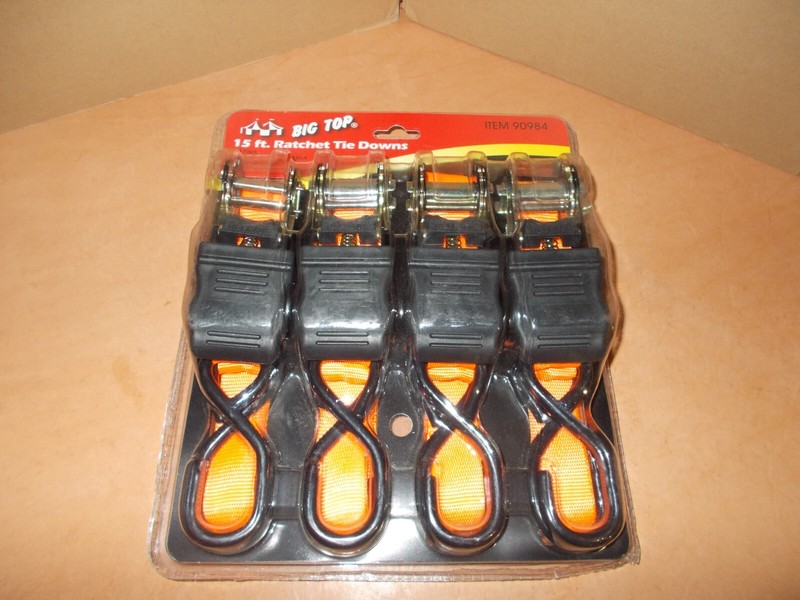 BIG TOP 15FT. RATCHET TIE DOWNS ITEM 90984 ORANGE 4 PACK NEW IN PACKAGE