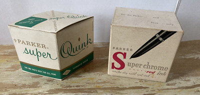 Vintage mid cent mod Parker ink bottles in orig box Superchrome Quink diamond