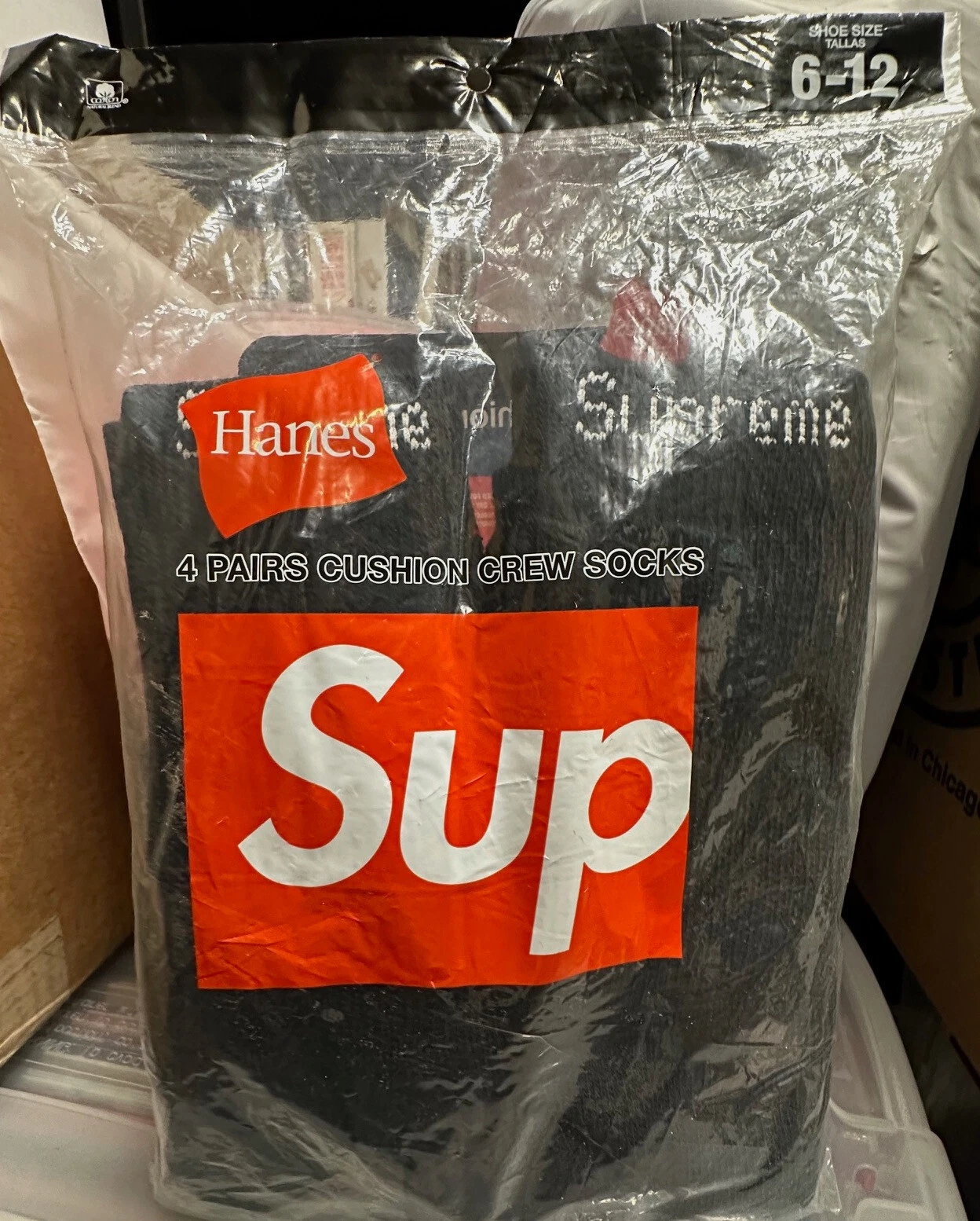 NEUF Supreme Hanes Cushion Crew Chaussettes Taille 6 12 Noir Pack de 4