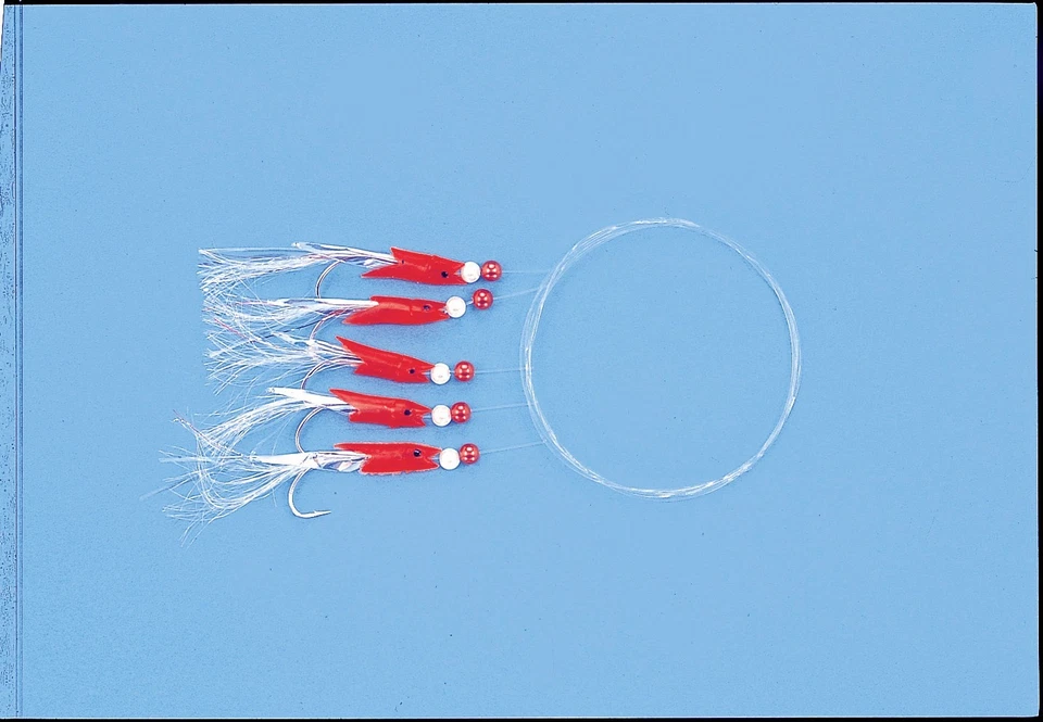 ZEBCO Makrelenvorfach 5x Hakengröße 2/0 mit roten Fischen Glitterfäden Meeressystem