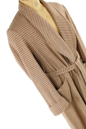 Vintage 30s 40s Hartleys Wool Tan + Red Houndstooth Shawl Collar Blanket Robe L - Picture 4 of 9