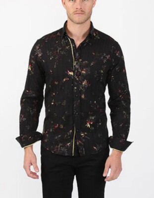 Eight X Slim Fit Premium Black Multi Foil Floral Print Button Down Shirt Size M