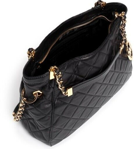 🌞MICHAEL KORS SUSANNAH BLACK QUILT LEATHER GOLD LOGO MEDIUM SHOULDER BAG🌺NWT! - Picture 12 of 18