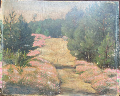 ::OIL PAINTING INDISTINCT. SIGN. 1935 SUMMER FOREST LANDSCAPE PINK GROUNDCOVER