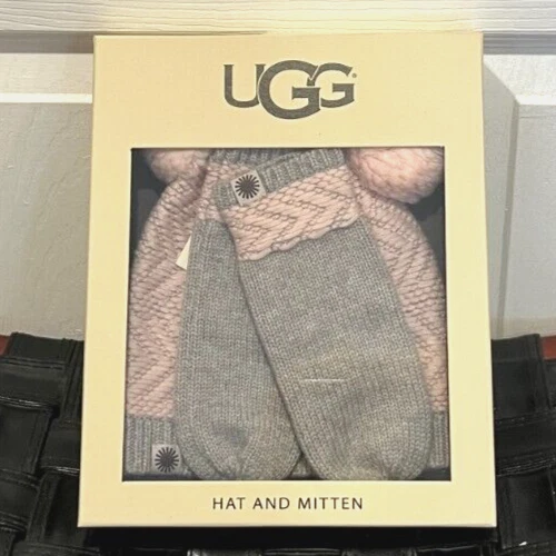 Conjunto de gorro e luva UGG meninas 4-6 anos malha cinza rosa novo com etiquetas - Imagem 3 de 3