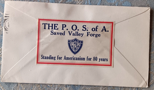 1932 FLAG DAY PATRIOTIC SONS OF AMERICA BIG SEAL ON BACK G.W. STAMP BLOCK COVER