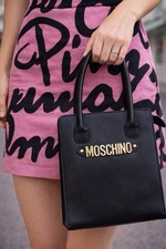 Vintage 90s Rare Moschino Black Leather Gold Letters Shoulder Bag Rectangle