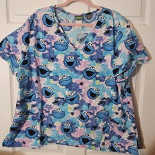 Sesame Street Cookie Monster Women's Scrub Top Size 3x Medical V Neck 3 pocket
