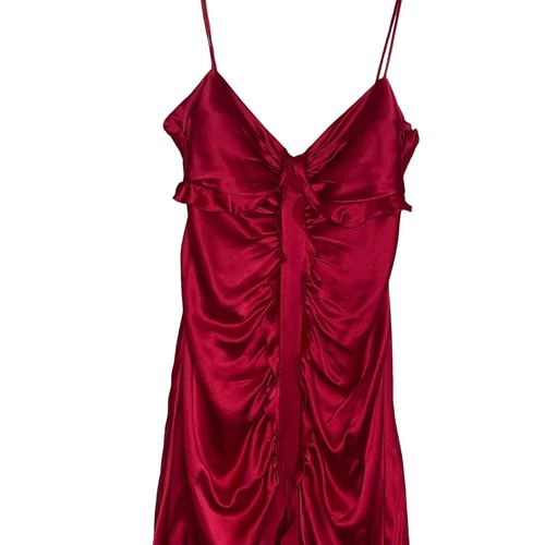Dina Bar-El 100% Silk Red Ruffled Dress A-line Spaghetti Strap Side Zip Medium