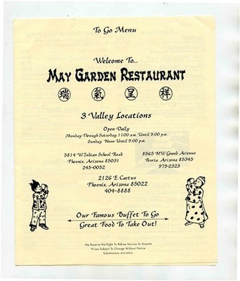 May Garden Chinese Restaurant Menu Phoenix Peoria Arizona 