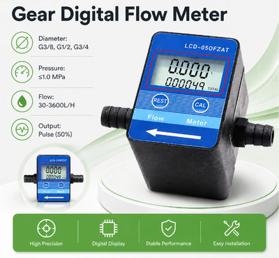 LCD Fuel Flow Meter Digital Gear Battery Powered 30-1200L/H 3/8'' Port Dispenser