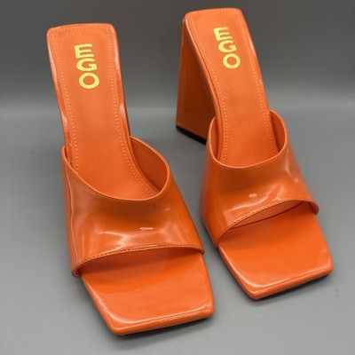 EGO Avalon Shoes Y2K Size 10 US, UK 8 Block Heel Mules Orange Patent 5  Heels