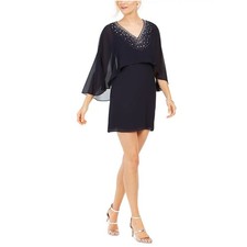 Vince Camuto Blue Cocktail Dress Beaded Chiffon Cape Sleeve V-Neck Sheath Size 8