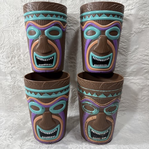 Large Totem Tiki Plastic Cup Set of 4 Brown Colorful Faces 5.5” Tall - Picture 1 of 9