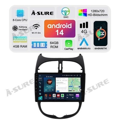Android14 9'' 4+64G Für PEUGEOT 206/206 CC 1999-2009 Autoradio Carplay FM WIFI BT