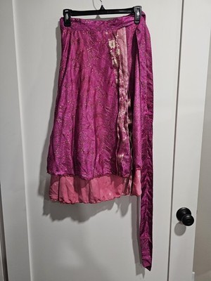 Vintage 100% Indian Silk Wrap Max Skirt Layered Boho Print Festival REVERSIBLE