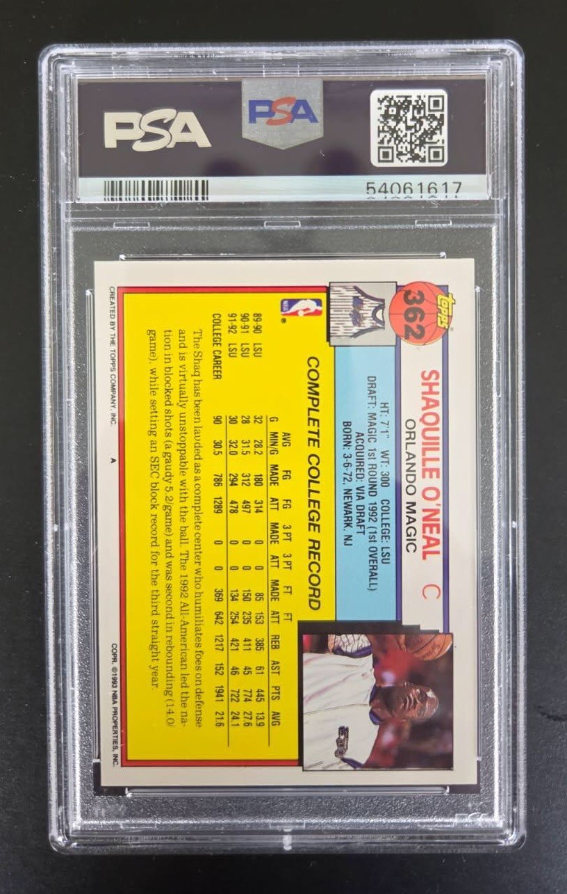 1992 Topps Shaquille O’Neal #362 Rookie PSA 10 GEM MINT view 2