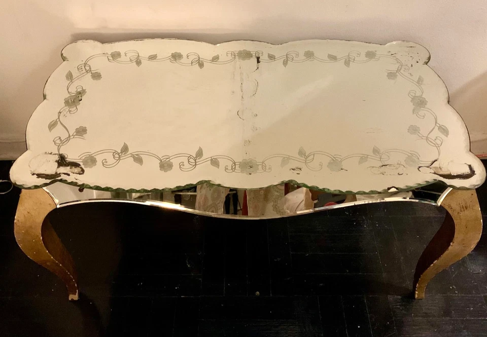 MESA DE CENTRO FRANCESA DORADA CON ESPEJO AÑOS 40 VINTAGE Foto 3 de 4