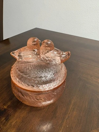 Pink Depression Candy Jar with Perched Birds On top