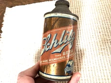 SCHLITZ BEER VINTAGE CONE TOP CAN WITH ORIGINAL CAP CROWN