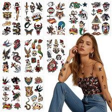 76 Pcs Retro Temporary Tattoos Classic Old School Colorful Tattoos Stickers Flow