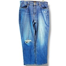 Lee Women's Relaxed Fit Jeans Size 16 Blue Distressed Straight Leg Hi-Rise Denim